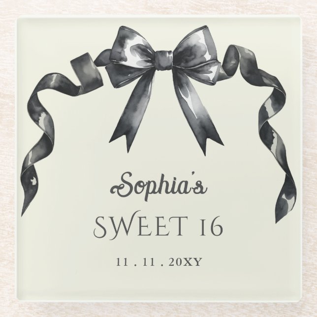 Posavasos De Vidrio Elegante acuarela Coquette Black Bow Sweet 16 (Anverso)