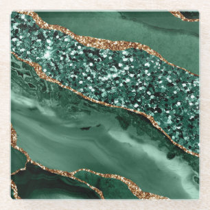 Posavasos De Vidrio Elegante ágata oceánica verde y dorada con brillo