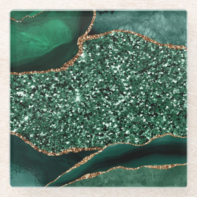 Posavasos De Vidrio Elegante Agate oceánico verde y Purpurina dorado (Anverso)