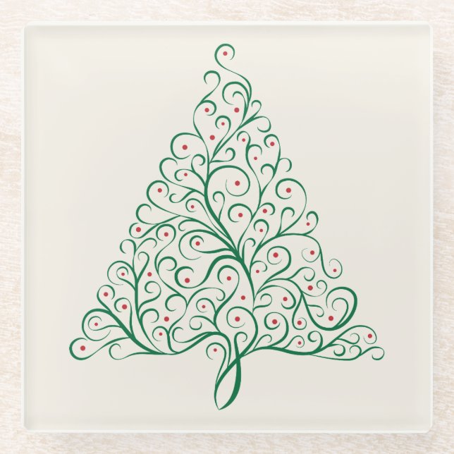 Posavasos De Vidrio Elegante árbol de Navidad rojo y verde caligrafía (Anverso)