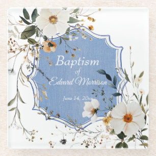 Posavasos De Vidrio Elegante Bautismo Azul Dusto Floral