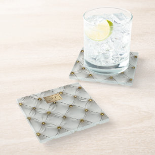 Posavasos De Vidrio Elegante Blanco Moderno Cuero Puntillado Dorado