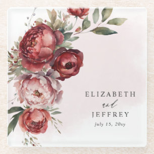 Posavasos De Vidrio Elegante Boda Floral Boho Burgundy Rubor