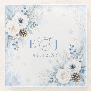Posavasos De Vidrio Elegante Boda Floral de Invierno en Azul Polvorien