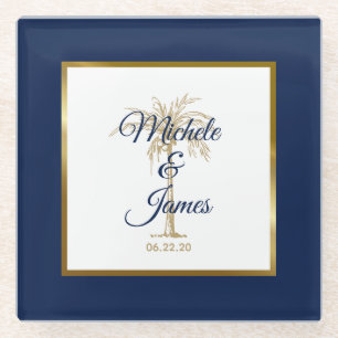 Posavasos De Vidrio Elegante boda moderna con palma dorada y azul mari