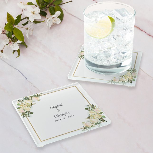 Posavasos De Vidrio Elegante Boda Novia y Groom Rosas Florales Blancos (Elegant Wedding Bride & Groom Floral Roses White Glass Coaster)