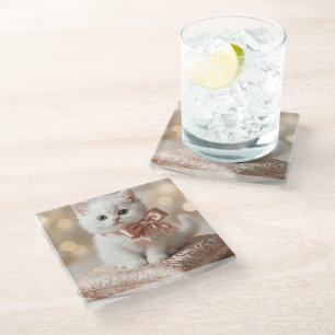 Posavasos De Vidrio Elegante Boutique de Gatito Blanco