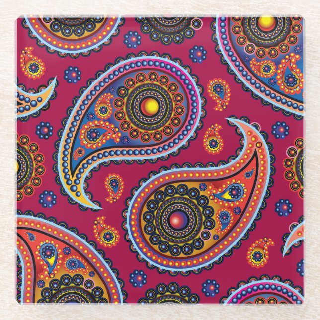 Posavasos De Vidrio Elegante Burgundy Paisley y Patrón Mandala (Anverso)