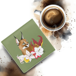 Posavasos De Vidrio Elegante Caracal Gato Salvaje Lirios Floral Verde