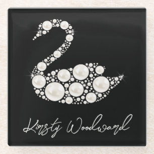 Posavasos De Vidrio Elegante cisne de perla blanca sobre fondo negro