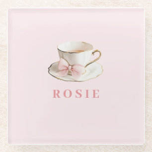 Posavasos De Vidrio Elegante Coquette Preppy Té Rosa con Bow
