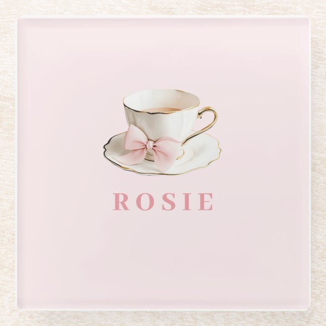 Posavasos De Vidrio Elegante Coquette Preppy Té Rosa con Bow (Anverso)