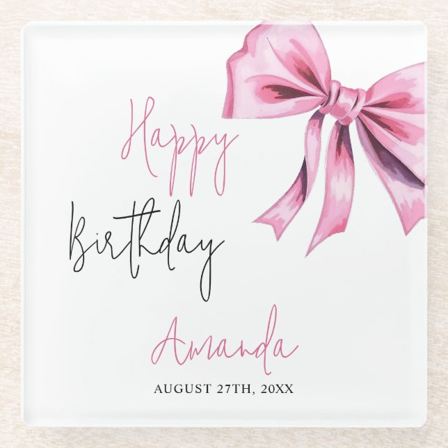 Posavasos De Vidrio Elegante Coquette Rosa Bow Sweet 16 Cumpleaños (Anverso)