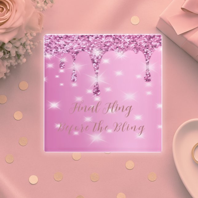 Posavasos De Vidrio Elegante Despedida de Soltera con Drip de Brillo R (Elegant glass coaster for bachelorette parties or bridal gifts—personalize your sparkle.)