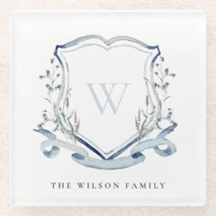 Posavasos De Vidrio Elegante Escudo Monograma de color azul de flores