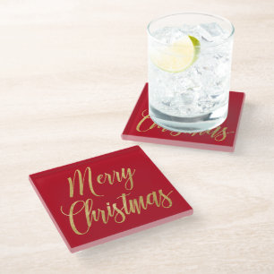 Posavasos De Vidrio Elegante Feliz Navidad Rojo y Guión Dorado Simple