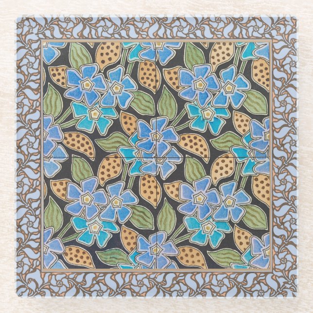 Posavasos De Vidrio Elegante Flor Azul Periwinkle Floral Clásico (Anverso)