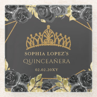 Posavasos De Vidrio Elegante Floral de oro negro Tiara Quinceanera