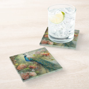 Posavasos De Vidrio Elegante follaje floral de pavo real azul verde vi