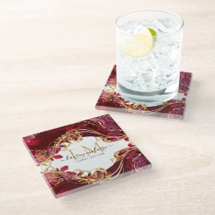 Posavasos De Vidrio Elegante guión de monograma rojo cereza y dorado