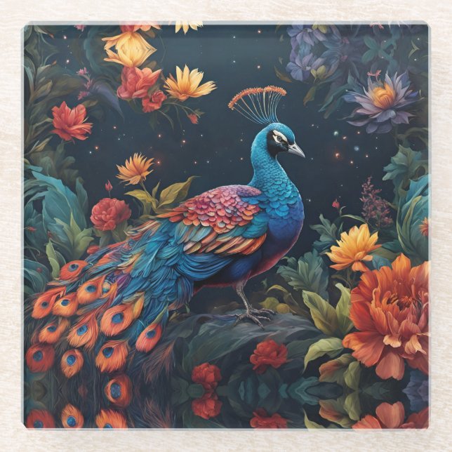 Posavasos De Vidrio Elegante jardín azul y de alcance Peacock Star (Anverso)