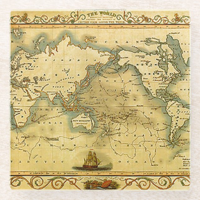 Posavasos De Vidrio Elegante litografía del Mapa Antiguo del Mundo (Anverso)