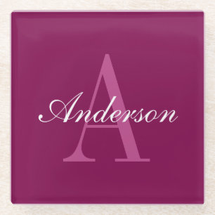 Posavasos De Vidrio Elegante Magenta rojo, rosa y blanco nombre y mono