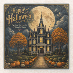 Posavasos De Vidrio Elegante Mansión Embrujada Halloween