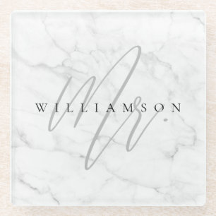 Posavasos De Vidrio Elegante Mármol Blanco Mínimo Sr. Script Personali