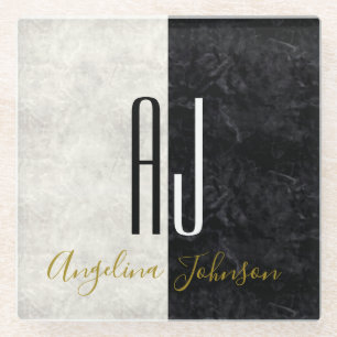 Posavasos De Vidrio Elegante Mármol Blanco y Negro Monogramado