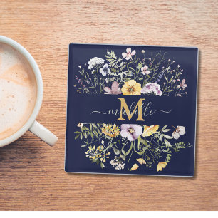 Posavasos De Vidrio Elegante Monograma Colorido Jardín Floral de Flore