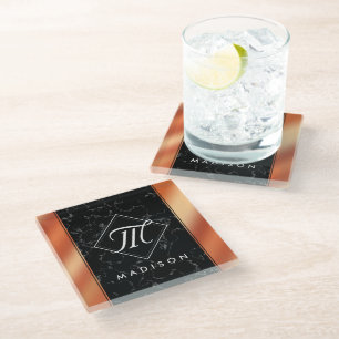 Posavasos De Vidrio Elegante Monograma de Mármol Negro y Bronce