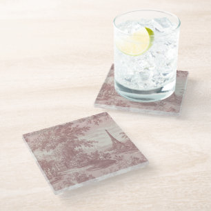 Posavasos De Vidrio Elegante paisaje rural francés de tela rosa de Jou