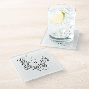 Posavasos De Vidrio Elegante pareja Boda de guirnaldas monograma