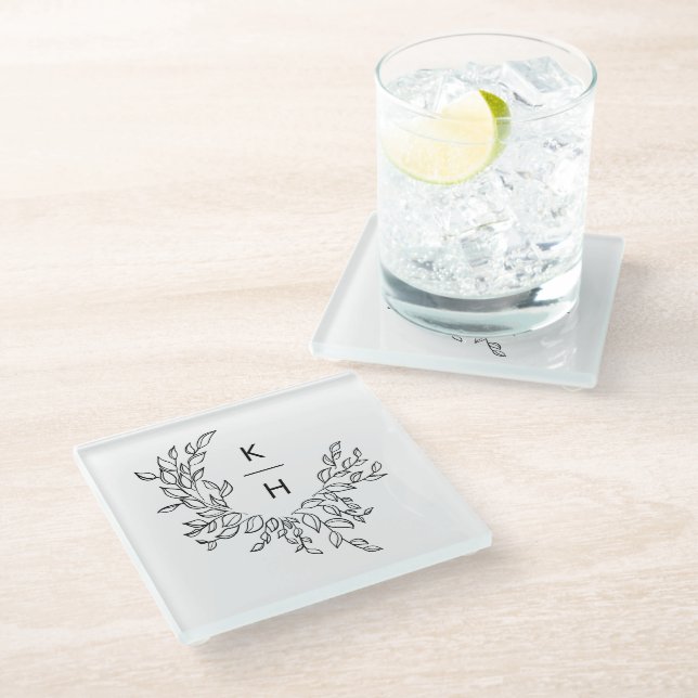 Posavasos De Vidrio Elegante pareja Boda de guirnaldas monograma (Angular)
