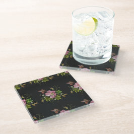 Posavasos De Vidrio Elegante patrón de bordado floral fondo negro