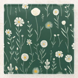 Posavasos De Vidrio Elegante patrón de flores silvestres sobre verde o