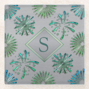 Posavasos De Vidrio Elegante Patrón de Monograma Azul Verde Ornamentad