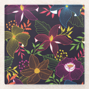 Posavasos De Vidrio Elegante patrón floral continuo, diseño artístico.