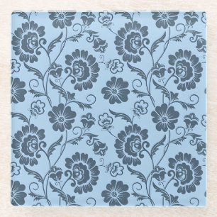 Posavasos De Vidrio Elegante patrón floral sobre fondo azul claro