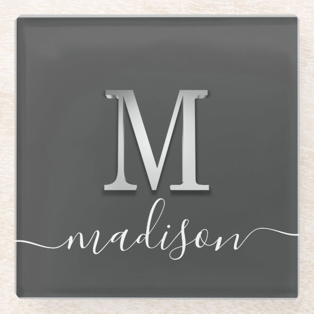 Posavasos De Vidrio Elegante Personalizado plateado Monograma M Nombre (Anverso)