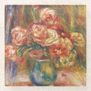 Posavasos De Vidrio Elegante pintura de rosa Renoir con estilo shabby