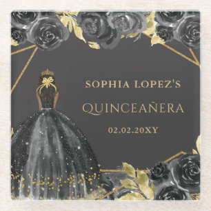Posavasos De Vidrio Elegante Princesa Floral de Oro Negro Quinceanera