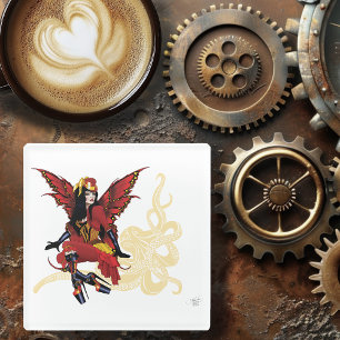 Posavasos De Vidrio Elegante Pulpo Hada Victoriano Steampunk Rojo