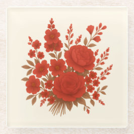 Posavasos De Vidrio Elegante ramo floral rojo con rosas románticas