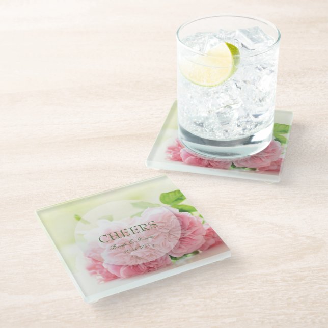 Posavasos De Vidrio Elegante Rosa de verano rosado Boda Cheers (Angular)