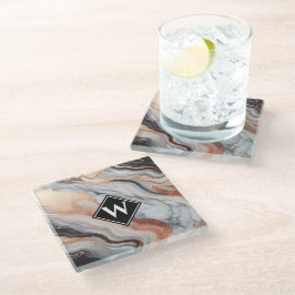 Posavasos De Vidrio Elegante Rosa Monograma de Mármol Negro Oro