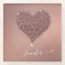 Posavasos De Vidrio Elegante Rosa Purpurinoso del Corazón Oro