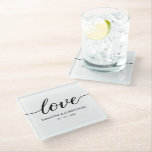 Posavasos De Vidrio Elegante Simple Love Script Boda Favor personaliza<br><div class="desc">Salud! Dé a sus huéspedes bodas un elegante e inolvidable favor con estas personalizados de vidrio. Presentando la palabra 'Amor' en un elegante diseño de escritura. Personalice los nombres de la novia y del novio (recién casados) y la fecha del boda. Encanta a tus invitados con un regalo especial que...</div>