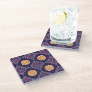 Posavasos De Vidrio Elegante Tela Púrpura con Patrón Floral Amarillo